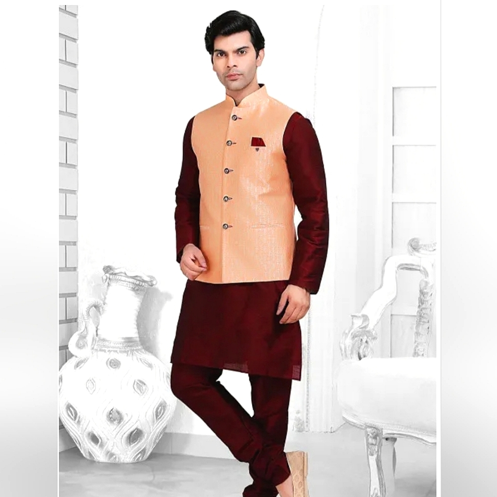 New Art Silk Red Kurta Set with Jacquard Nehru Jacket in Peach